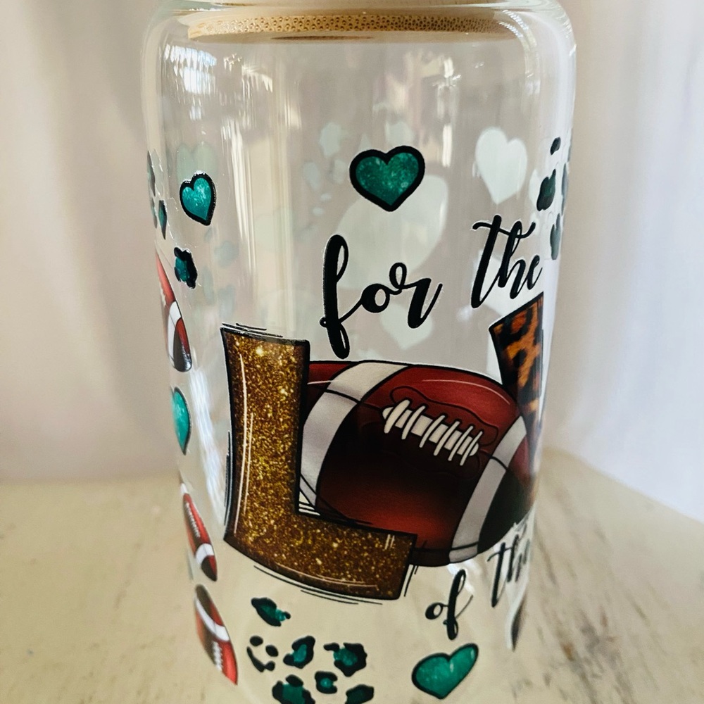Football Themed Glass Tumbler with Gold and Teal Accents